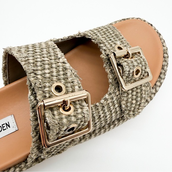 Steve Madden Karrigan Raffia Platform Slide Sandals Olive Woven Buckle 8 NEW - Picture 12 of 15